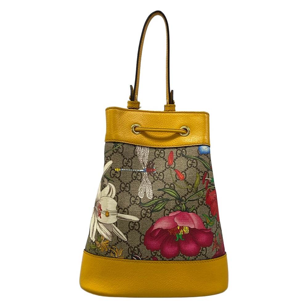 Gucci GG Supreme Ophidia Flora Small Bucket Handbag 550621 Yellow Dark Brown - Picture 3 of 15